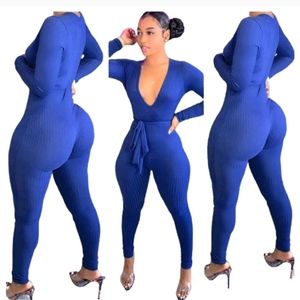 🏆HP🏆 Blue Deep V-Neck Knit Jumpsuit w/tie